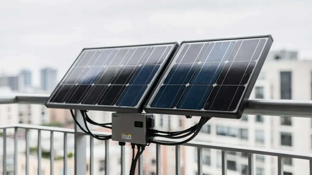 Balkonkraftwerk mit zwei Solarmodulen auf einem Balkon und Wechselrichter für den Artikel zur Leistung