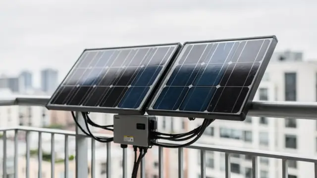 Balkonkraftwerk mit zwei Solarmodulen auf einem Balkon und Wechselrichter für den Artikel zur Leistung
