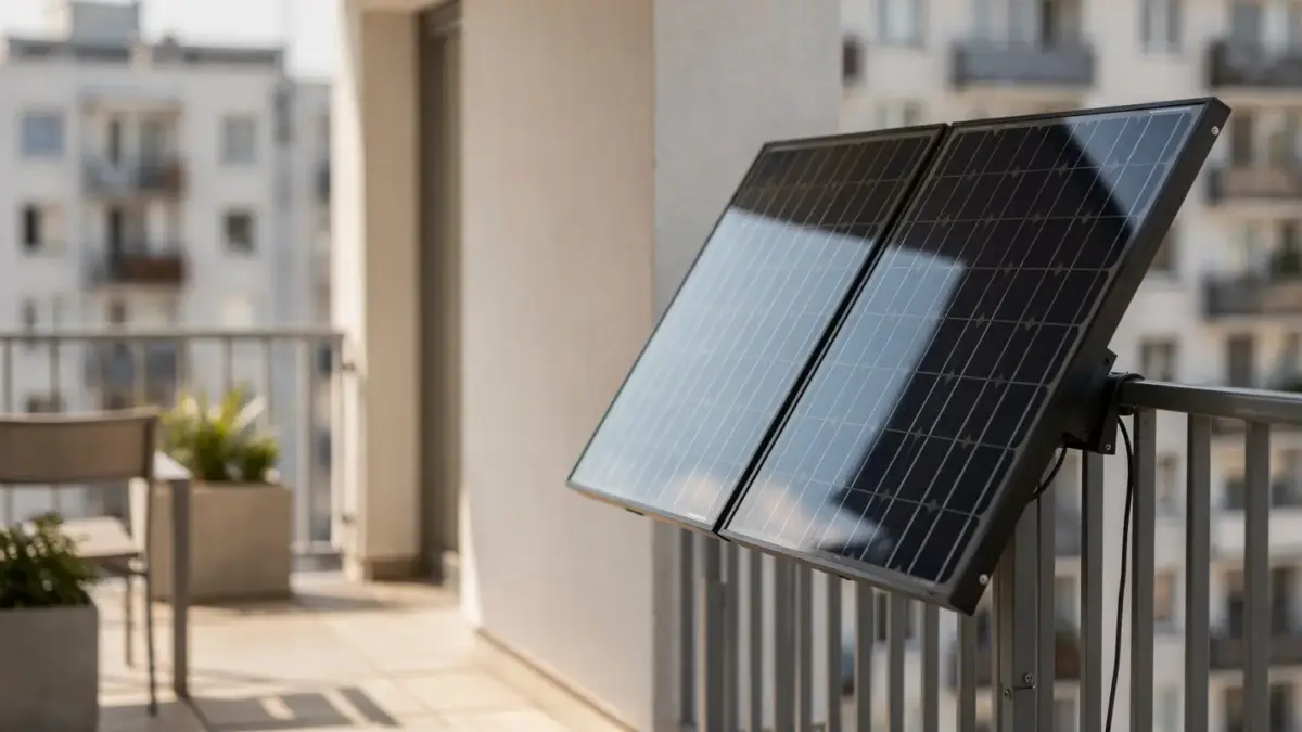 Balkonkraftwerk auf einem Balkon mit nach Süden ausgerichteten Solarmodulen zur Ertragsoptimierung