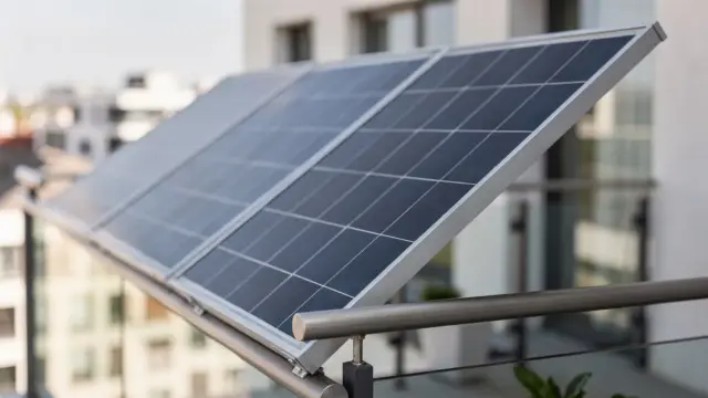 Balkonkraftwerk mit geneigtem Solarmodul auf dem Balkon zur Neigung für besseren Ertrag