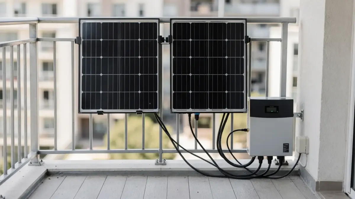Balkonkraftwerk auf einem Balkon mit Solarmodulen, Wechselrichter und Kabeln als Platzbedarf-Beispiel