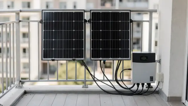 Balkonkraftwerk auf einem Balkon mit Solarmodulen, Wechselrichter und Kabeln als Platzbedarf-Beispiel