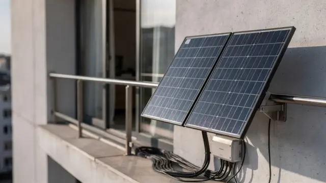 Balkonkraftwerk auf einem Balkon mit nach Süden ausgerichteten Solarmodulen zur Ertragsoptimierung