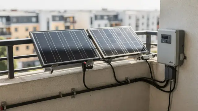 Balkonkraftwerk auf einem Balkon mit Solarmodulen, Wechselrichter und Kabeln als Platzbedarf-Beispiel