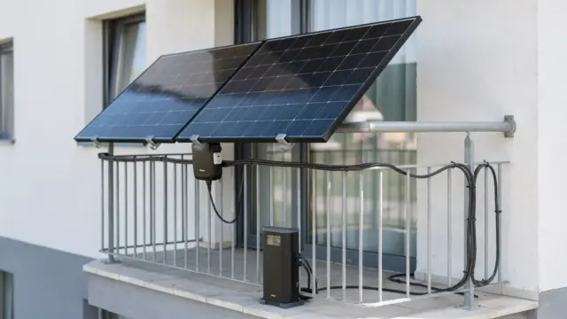 Balkonkraftwerk auf dem Balkon mit Solarmodulen, Wechselrichter und Speicher als Kostenbeispiel