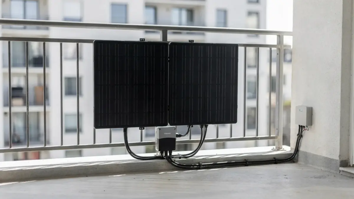 Balkonkraftwerk auf dem Balkon mit Solarmodulen und Wechselrichter für realistische Stromerträge