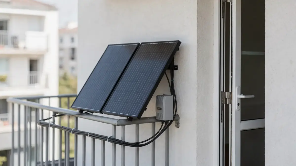 Balkonkraftwerk auf einem Balkon mit Solarmodulen und Wechselrichter zur Amortisation einer Mini-PV-Anlage