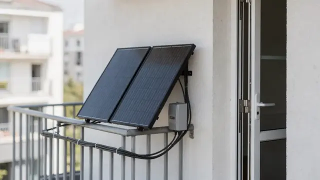 Balkonkraftwerk auf einem Balkon mit Solarmodulen und Wechselrichter zur Amortisation einer Mini-PV-Anlage