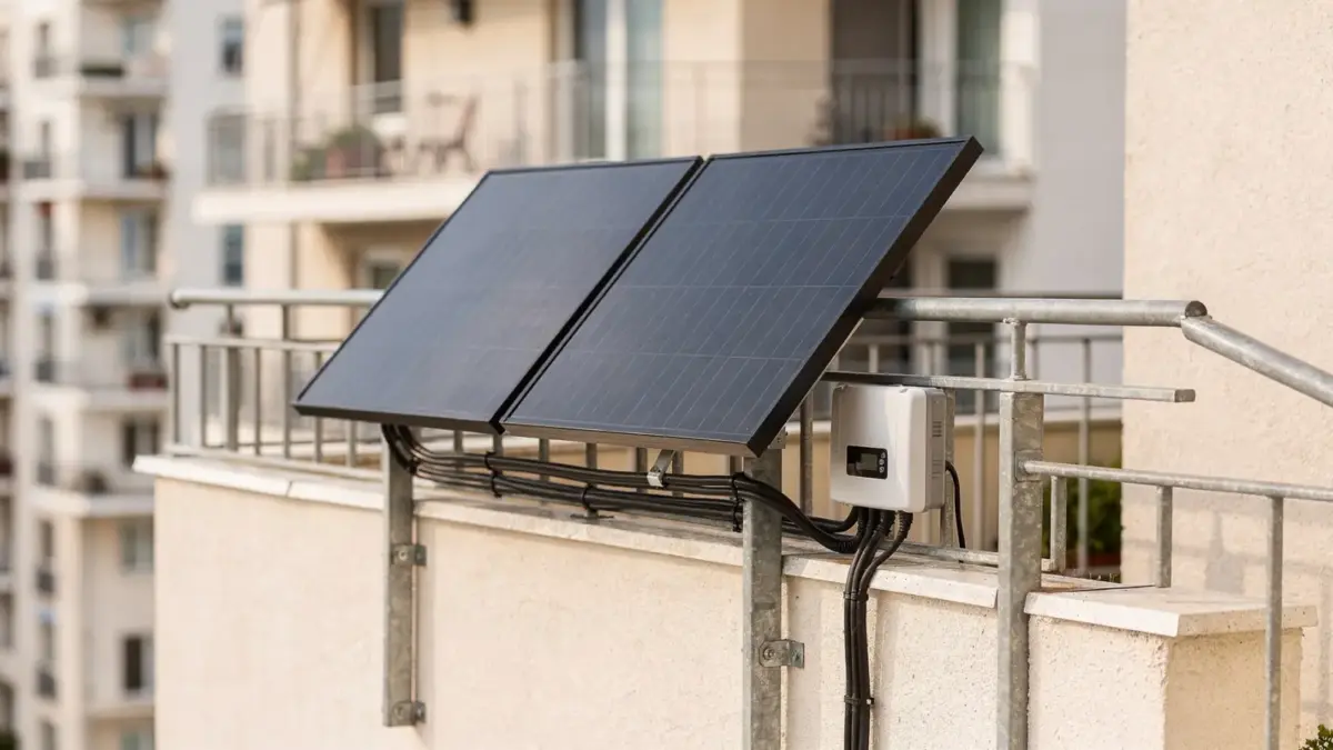 Balkonkraftwerk auf dem Balkon mit Solarmodulen und Wechselrichter zur Wirtschaftlichkeit einer Mini-PV-Anlage