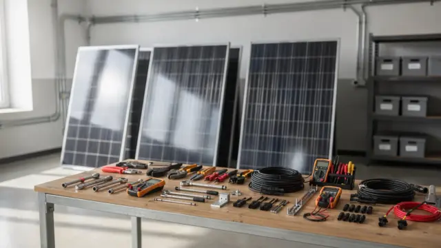 Solarfirma-Zertifizierung und Meisterbetrieb mit Solarzellen, Werkbank und Fachwerkzeug in sauberer Werkstatt