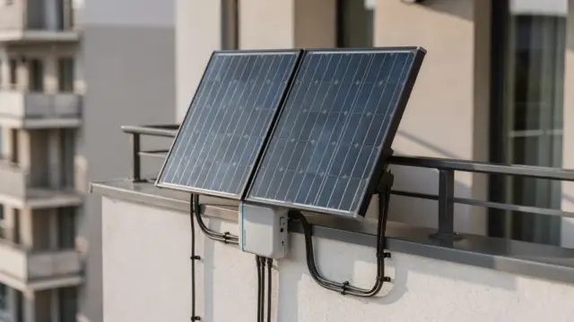 Balkonkraftwerk auf dem Balkon mit Modulen und Wechselrichter zum Thema Eigenverbrauch