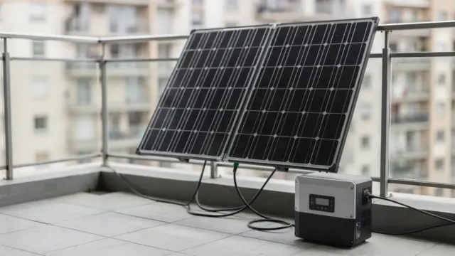 Balkonkraftwerk auf einem Balkon mit Solarmodulen und Wechselrichter als Thema zum jährlichen Ertrag