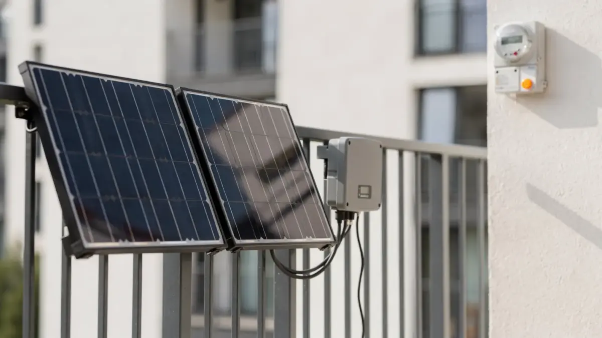 Balkonkraftwerk auf einem Balkon mit Solarmodulen und Stromzähler zum Thema Wirtschaftlichkeit