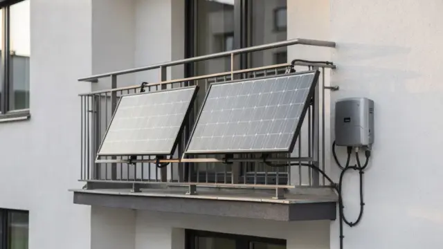 Balkonkraftwerk auf dem Balkon mit Modulen und Wechselrichter zum Thema Eigenverbrauch