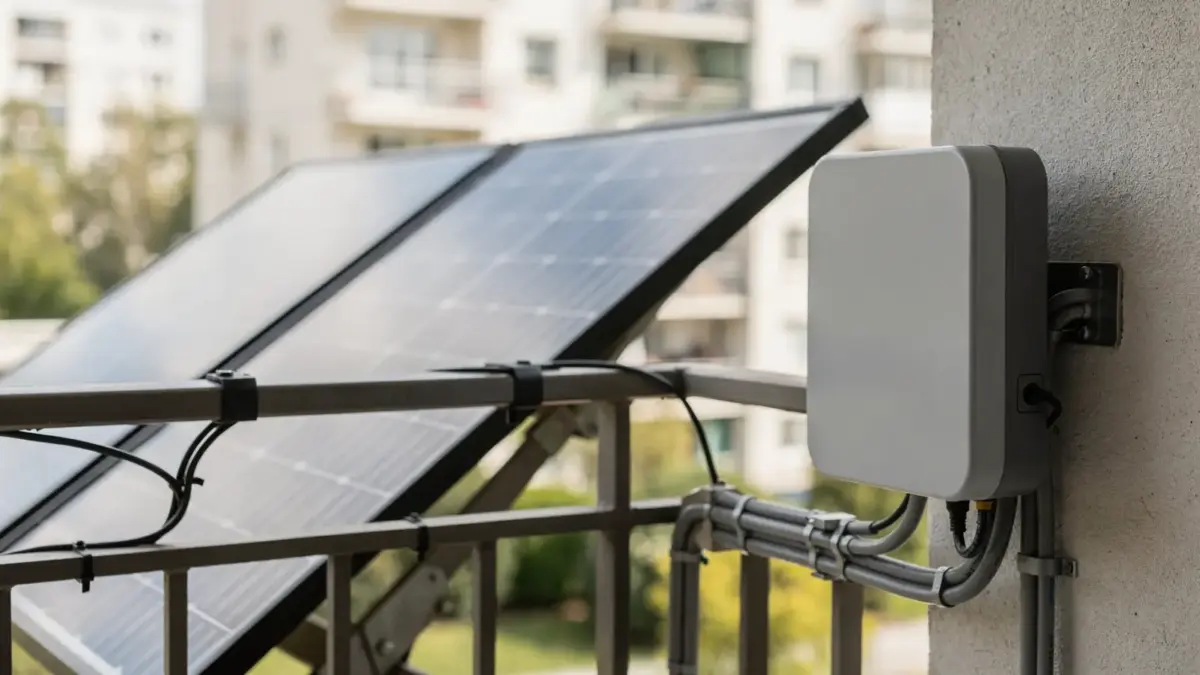 Balkonkraftwerk mit geeignetem Wechselrichter neben Solarmodulen auf dem Balkon