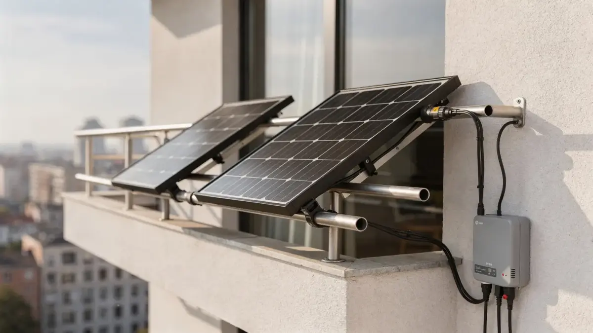 Balkonkraftwerk-Module auf einem Balkon mit Solarmodulen und Wechselrichter
