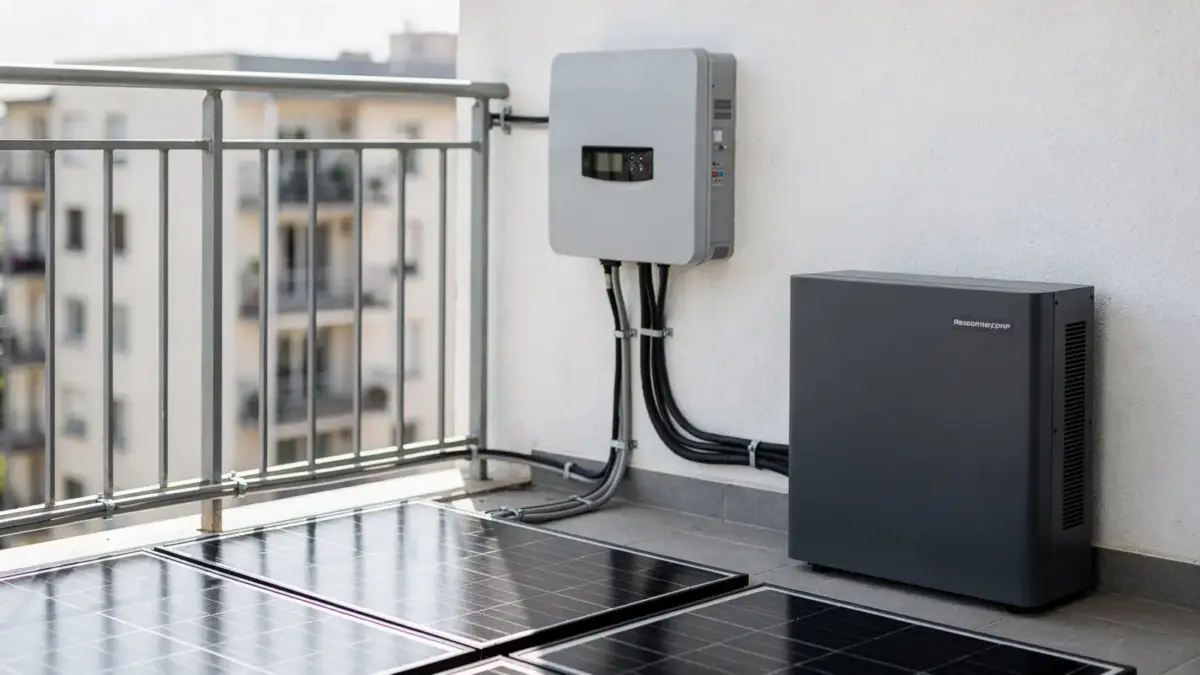 Balkonkraftwerk mit Speicher auf einem Balkon mit Solarmodulen, Wechselrichter und Batteriespeicher