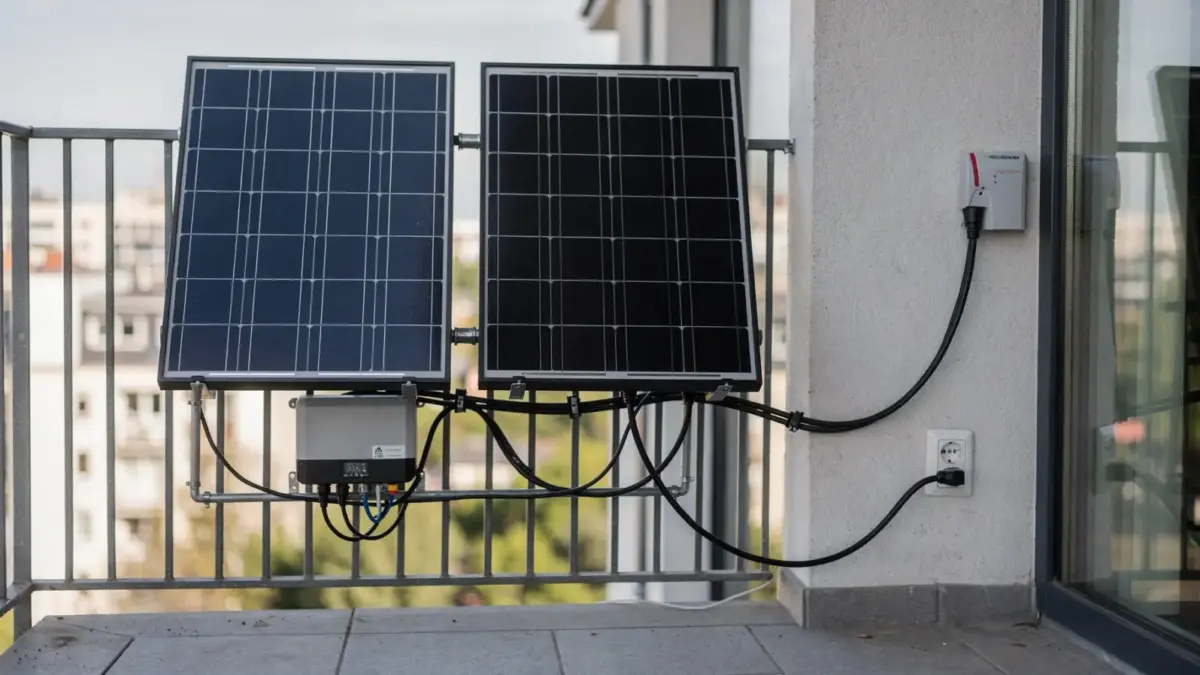 Balkonkraftwerk mit Solarmodulen, Wechselrichter und Anschluss an Schuko- und Einspeiselösung