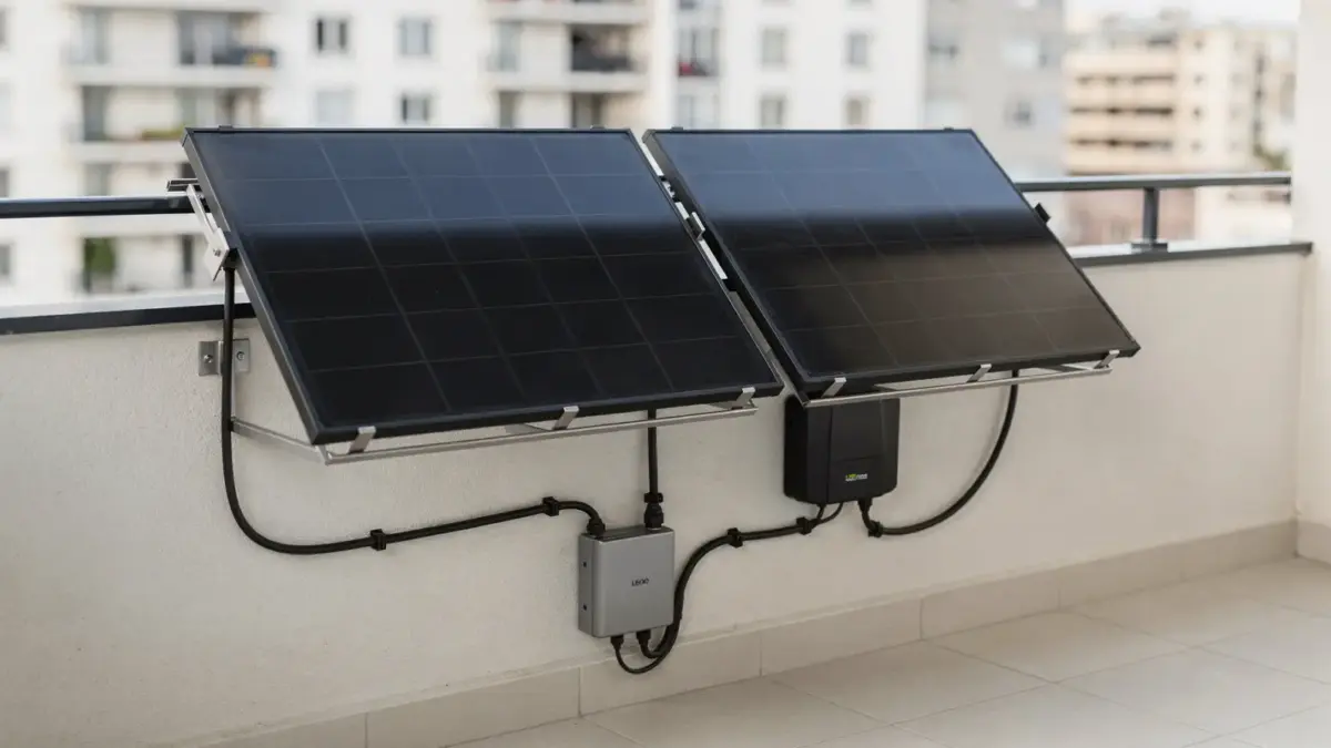 Balkonkraftwerk mit Solarmodulen, Mikro-Wechselrichter und Schutzgerät auf einem Balkon
