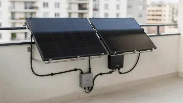 Balkonkraftwerk mit Solarmodulen, Mikro-Wechselrichter und Schutzgerät auf einem Balkon