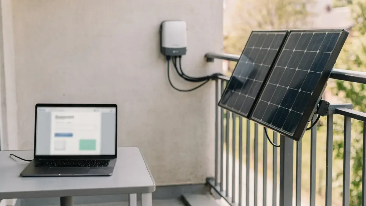 Balkonkraftwerk auf Balkon mit Laptop zur Anmeldung und Registrierungspflicht