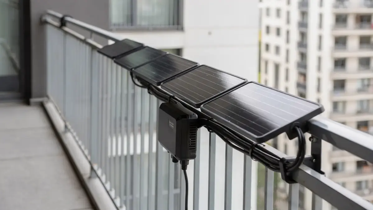 Balkonkraftwerk auf einem Mietshausbalkon mit Solarmodulen und Wechselrichter