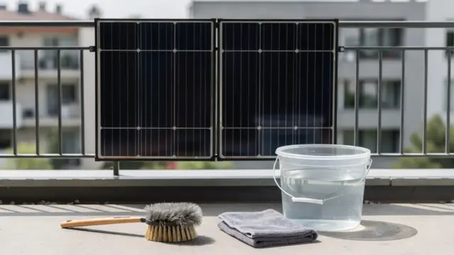 Balkonkraftwerk reinigen: Solarmodule mit Bürste und Tuch auf einem Balkon