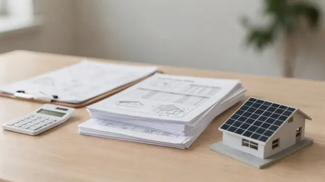 Technische Unterlagen zu einem PV-Angebot mit Solar-Modell und Rechner auf dem Schreibtisch