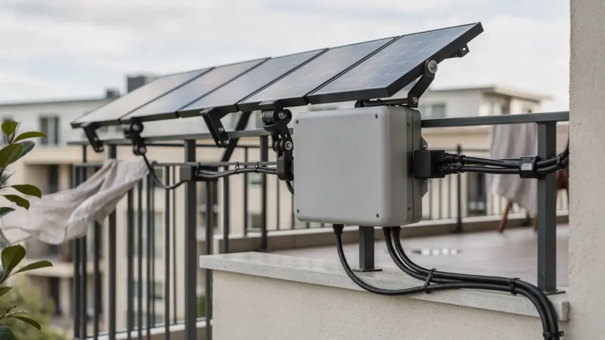 Balkonkraftwerk auf dem Balkon mit stabilen Halterungen bei Sturm und Wind