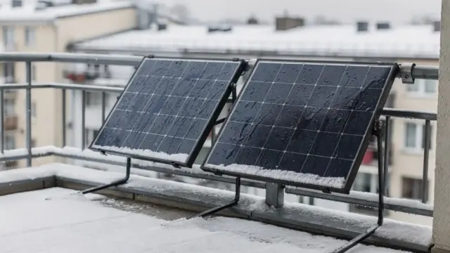 Balkonkraftwerk im Winter auf einem Balkon mit leichten Schneeresten und Solarmodulen