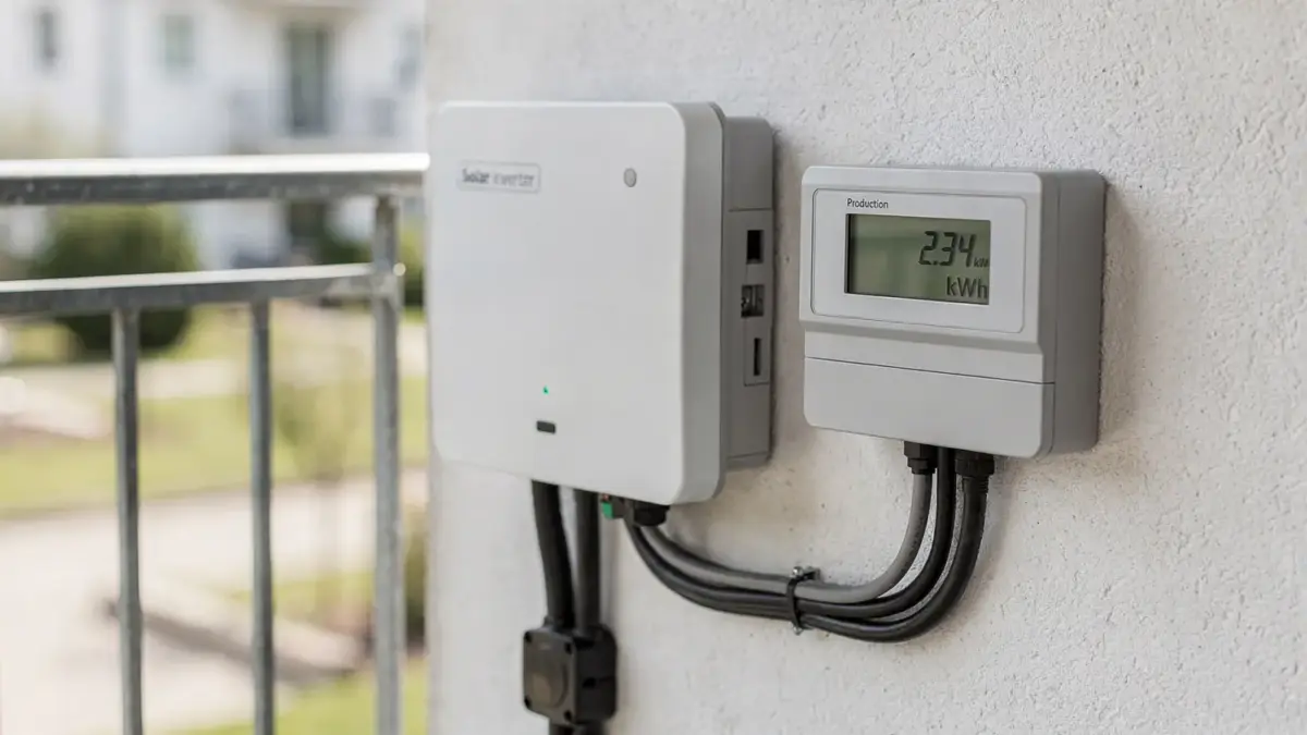 Balkonkraftwerk-Monitoring mit Wechselrichter, Energiemeter und angezeigten Ertragsdaten auf dem Balkon