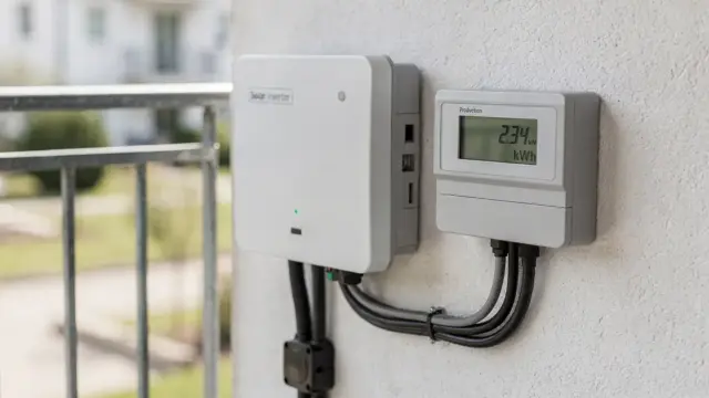 Balkonkraftwerk-Monitoring mit Wechselrichter, Energiemeter und angezeigten Ertragsdaten auf dem Balkon