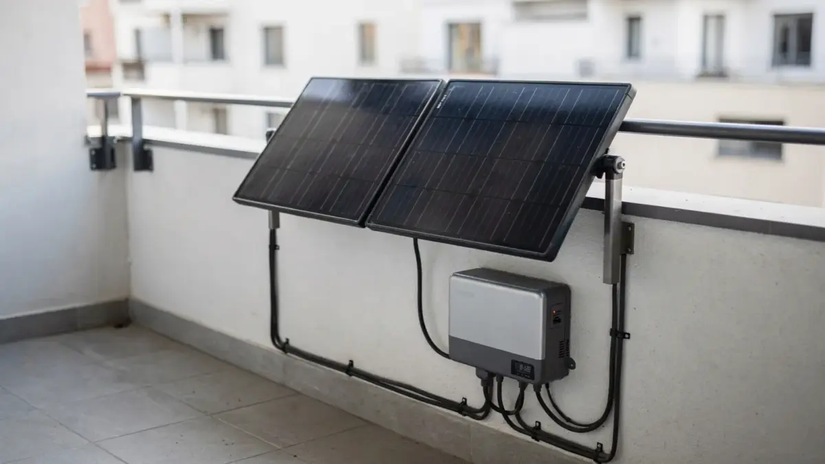 Balkonkraftwerk auf dem Balkon mit Solarmodulen und Wechselrichter zum Thema Lebensdauer von Steckersolar