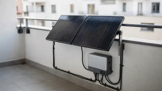 Balkonkraftwerk auf dem Balkon mit Solarmodulen und Wechselrichter zum Thema Lebensdauer von Steckersolar