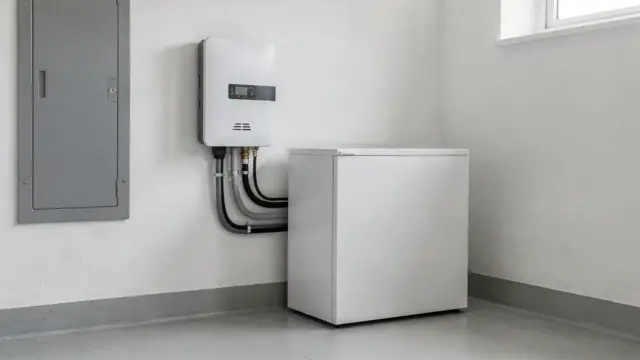 Stromspeicher für 5 kWp in einem Hauswirtschaftsraum neben Wechselrichter und Sicherungskasten