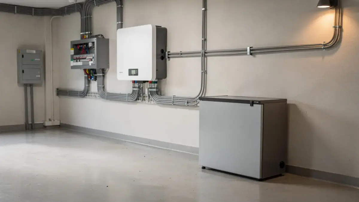 Stromspeicher-Förderung: moderner Heimspeicher in einem Technikraum