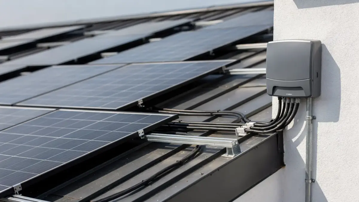 PV-Anlage mit Wechselrichter und Anschlusskabeln am Haus – Thema: Wer darf eine PV-Anlage ans Netz anschließen?
