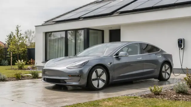 E-Auto an Wallbox vor Haus mit Solaranlage zum Thema Laden mit Photovoltaik