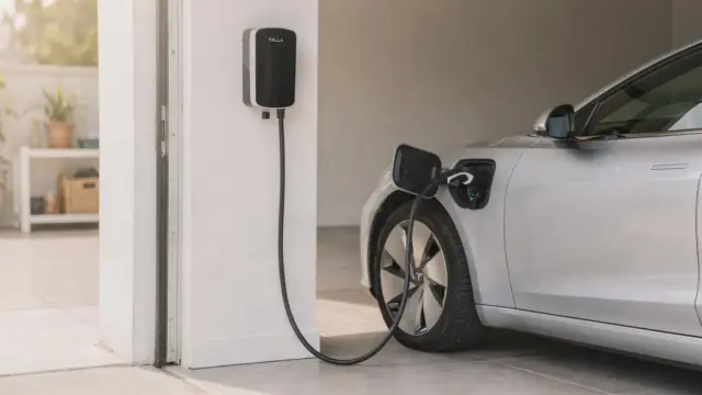 E-Auto lädt an einer Wallbox zu Hause in der Garage