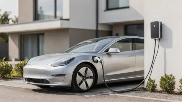 E-Auto an der Wallbox zu Hause mit Ladekabel und Stromzähler als Thema Laden zu Hause