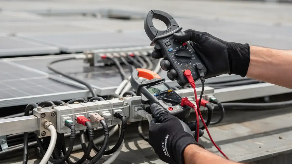 Techniker prüft Solarmodul-Strings mit Multimeter auf einem Dach