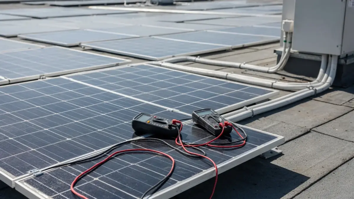Photovoltaik-Anlage mit Messgerät bei der Prüfung eines Solarmodul-String-Fehlers
