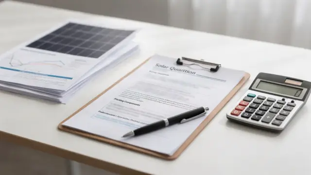 PV-Angebot mit Kalkulation, Unterlagen und Taschenrechner zur Erklärung von Preisbestandteilen