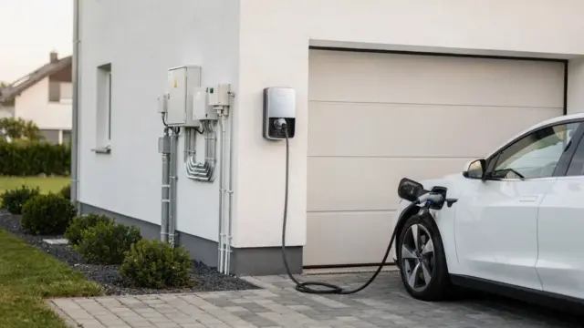 Wallbox an der Hauswand neben Elektroauto und Sicherungskasten als Thema zur Wallbox-Norm in Deutschland