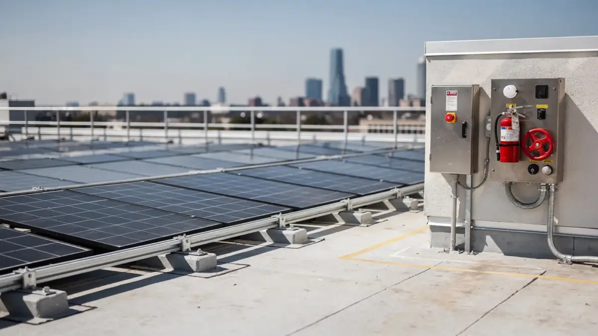 Photovoltaikanlage auf einem Dach mit Brandschutz- und Abschalteinrichtungen zum Thema PV-Brandverhalten