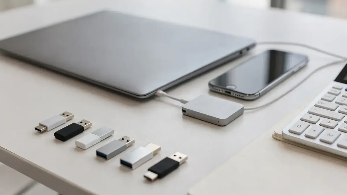 Laptop, externe Festplatte und USB-Sticks auf einem Schreibtisch zur Speichergröße berechnen.