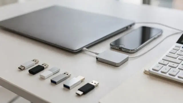 Laptop, externe Festplatte und USB-Sticks auf einem Schreibtisch zur Speichergröße berechnen.