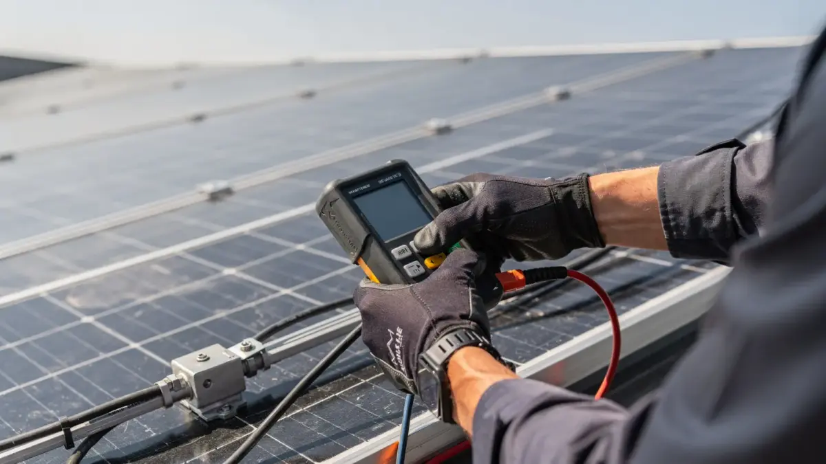 Techniker prüft Photovoltaikanlage auf dem Dach beim PV-Wartungsintervall