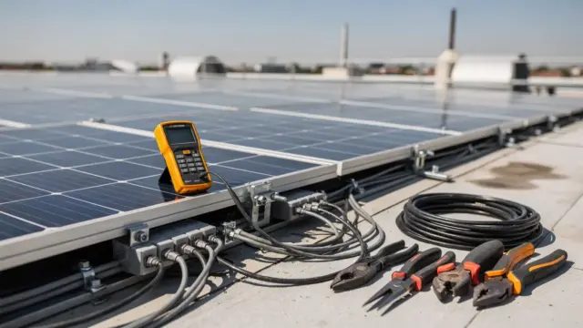 Techniker prüft eine Photovoltaikanlage auf dem Dach bei der Wartung