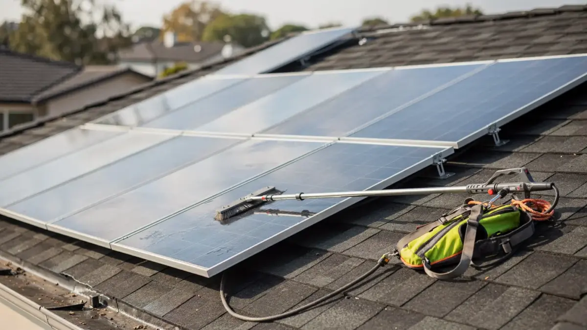 PV-Anlage reinigen: Dach mit Solarmodulen und Reinigungsgerät für die regelmäßige Pflege